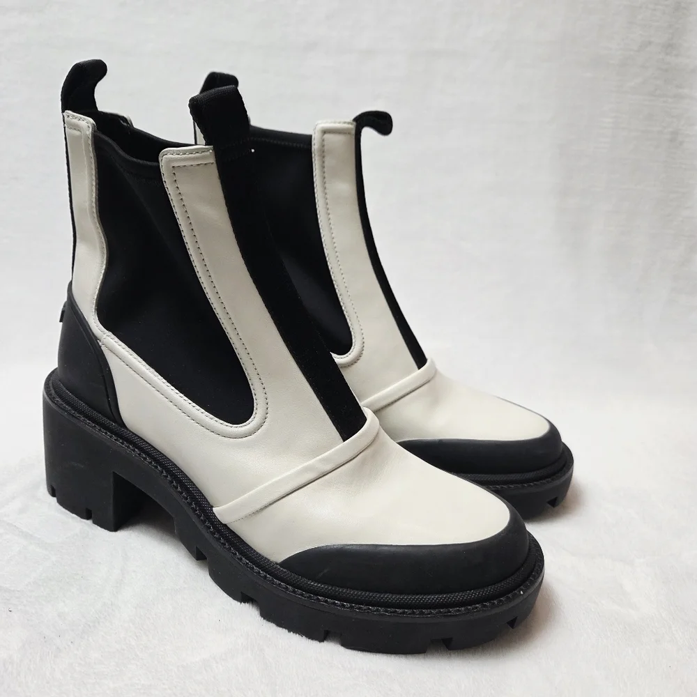 Tory Burch Chelsea Lug Sole Heeled Ankle Booties Ivory Black Leather